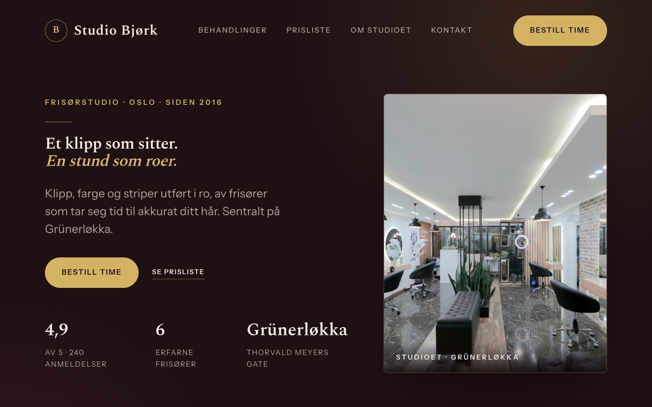 Nettside for Studio Bjørk frisør — eksempel fra Smartbyrå